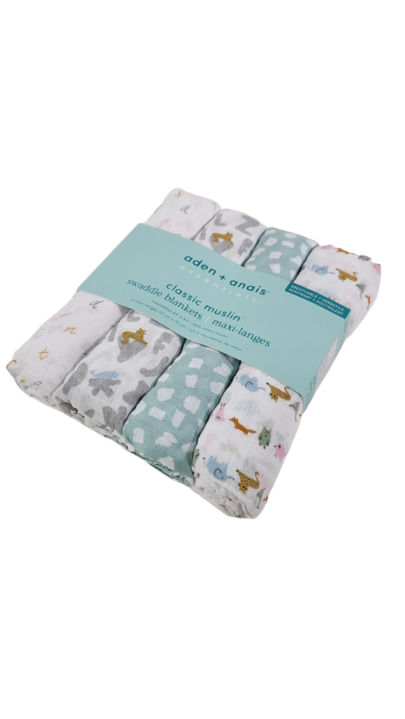 Aden + Anais>Essentials Cotton Muslin Swaddle, 4pk, Alphabet Animals
