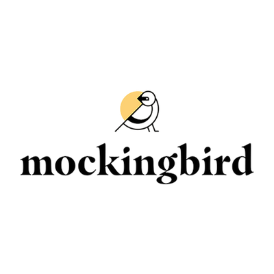 The logo for 'mockingbird' is shown on a plain white background, featuring a minimalist black and white bird silhouette with a yellow circle behind its head, above the brand name in black lowercase serif text.