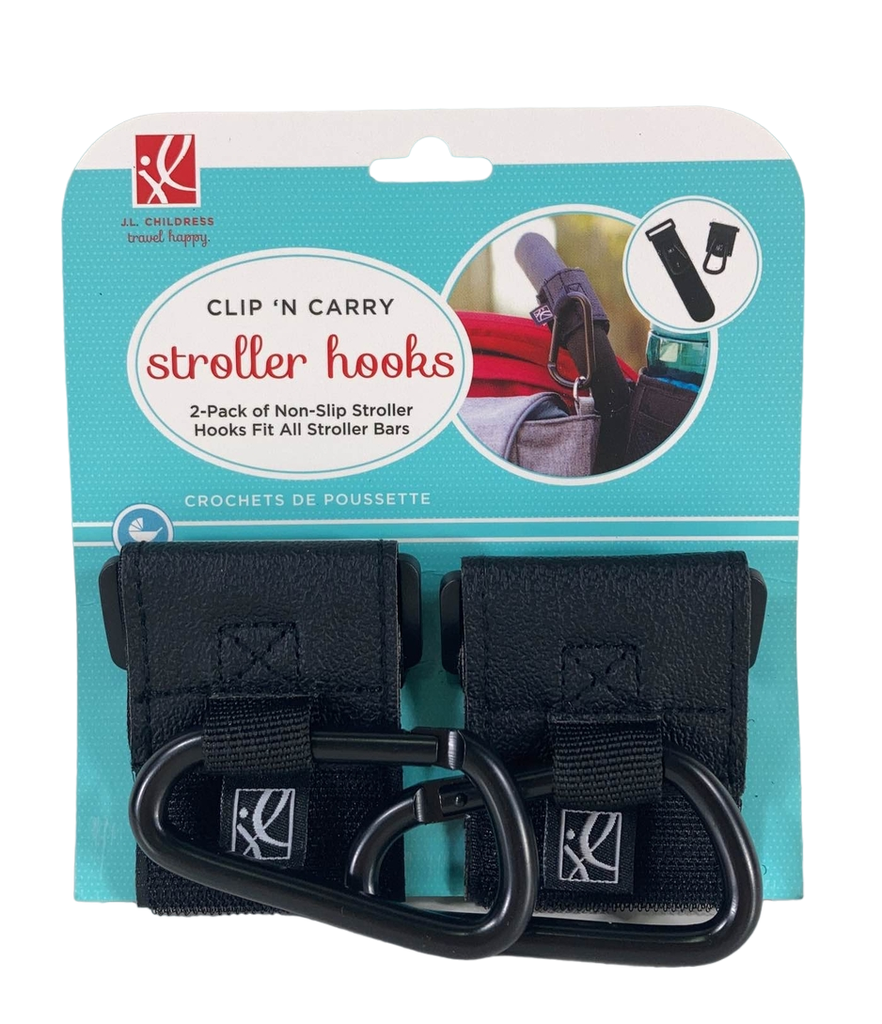 J.L. Childress Clip 'N Carry, Universal Fit Non-Slip Stroller Hooks, 2  Pack, Attach to Diaper Bag, Shopping Bag, Purse, Stroller, Non-Slip Adjustable  Strap, Durable Clips, Black 