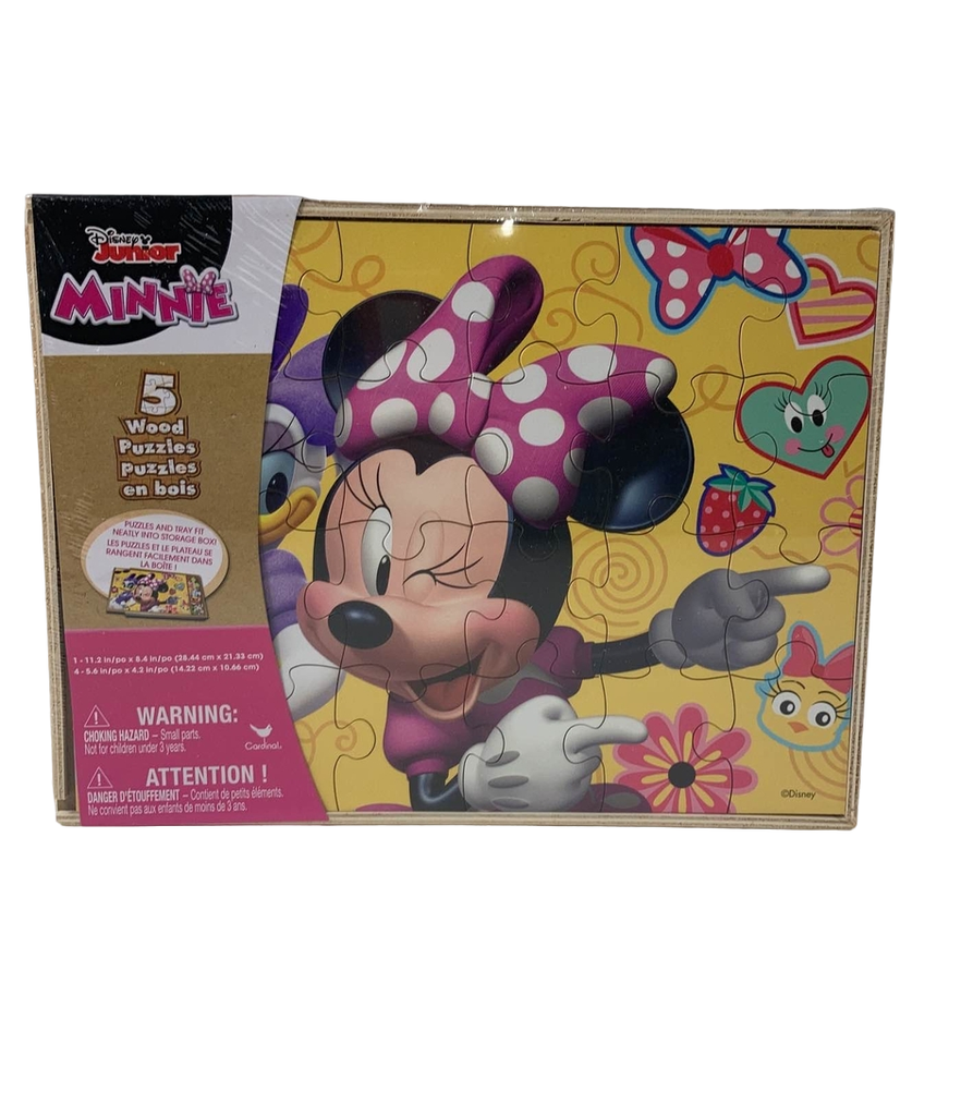 (7 PUZZLE SET) Disney Junior Minnie Mouse Puzzles- W/ Wood Storage Box - NEW