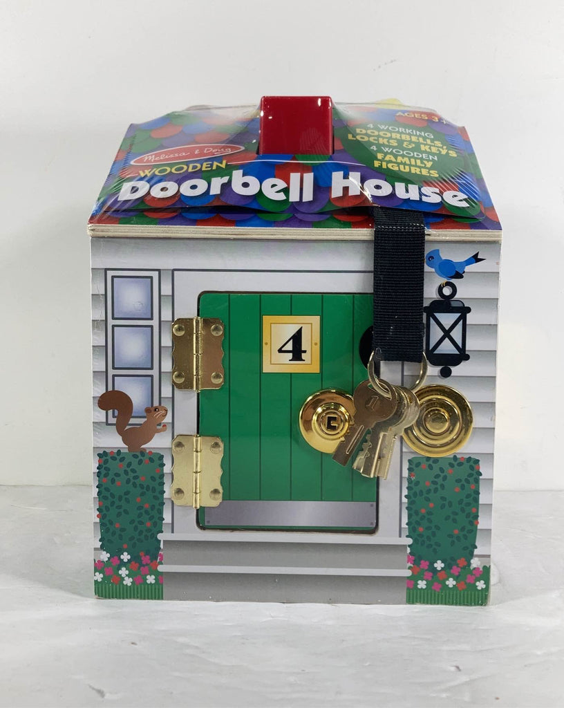 Melissa & Doug Take-Along Wooden Doorbell Dollhouse - Doorbell Sounds, Keys, 4 Poseable Wooden Dolls