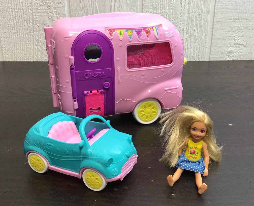 Barbie Club Chelsea Camper Playset with Chelsea Doll, Puppy, Car, Camper,  Firepit, Guitar and 10 Accessories, Gift for 3 to 7 Year Olds