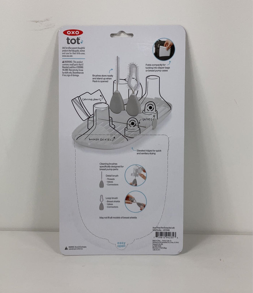 OXO Tot Breast Pump Parts Drying Rack with Detail Brushes, Gray