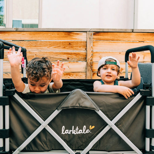 two kids in a Larktale wagon