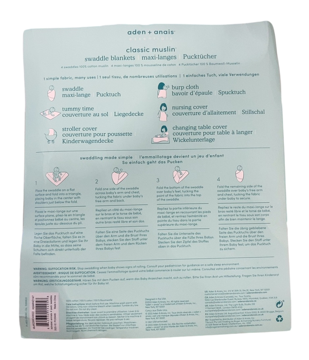 Shop Aden + Anais Cotton Muslin Swaddle, 4 Pack, 44" x 44", Alphabet Animals, Classic Muslin at GoodBuy Gear