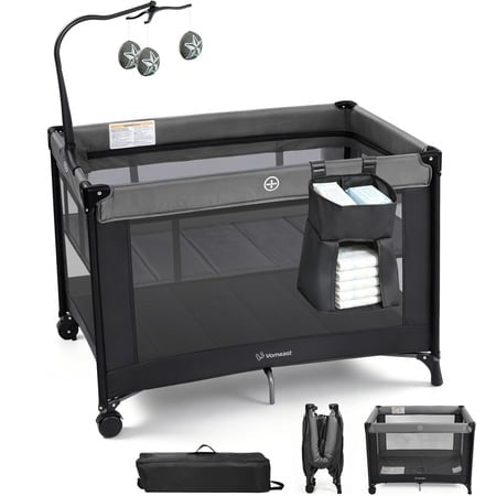 Vomeast Portable Crib Pack and Play with Toy Bar, Grey