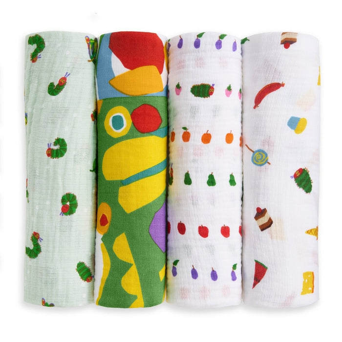 Aden + Anais Cotton Muslin Swaddles Pack of 4, Eric Carle the Very Hungry Caterpillar