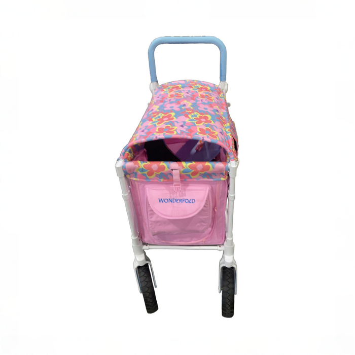 Shop Wonderfold W2 Luxe Multifunctional Double Stroller Wagon, 2023, Petal Pop Fabric, White Frame with Blue Handlebar at GoodBuy Gear
