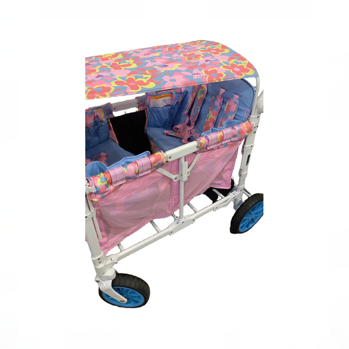 Shop Wonderfold W4 Luxe Quad Stroller Wagon, 2023, Petal Pop Fabric, White Frame with Blue Handlebar at GoodBuy Gear