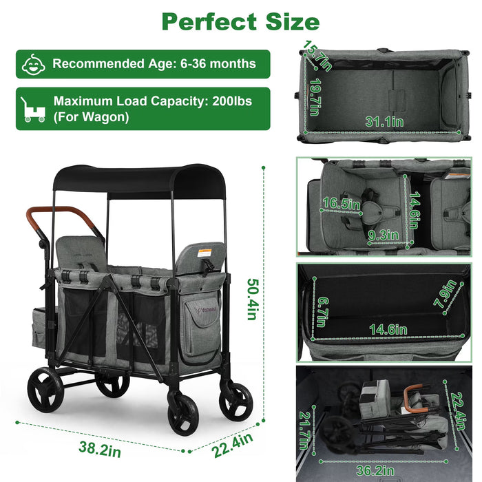 Vomeast Stroller Wagon With Canopy, 2 Seater, Gray