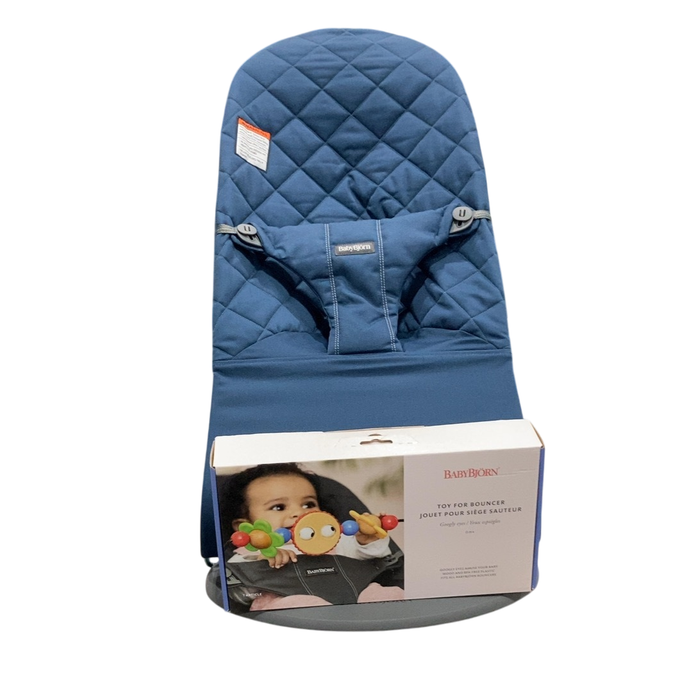 Shop BabyBjorn Bouncer Bliss Bundle With Toy Bar, Dark Gray Frame, Googly Eyes Pastels, Midnight Blue Classic Quilt-HIDDED MISSING at GoodBuy Gear
