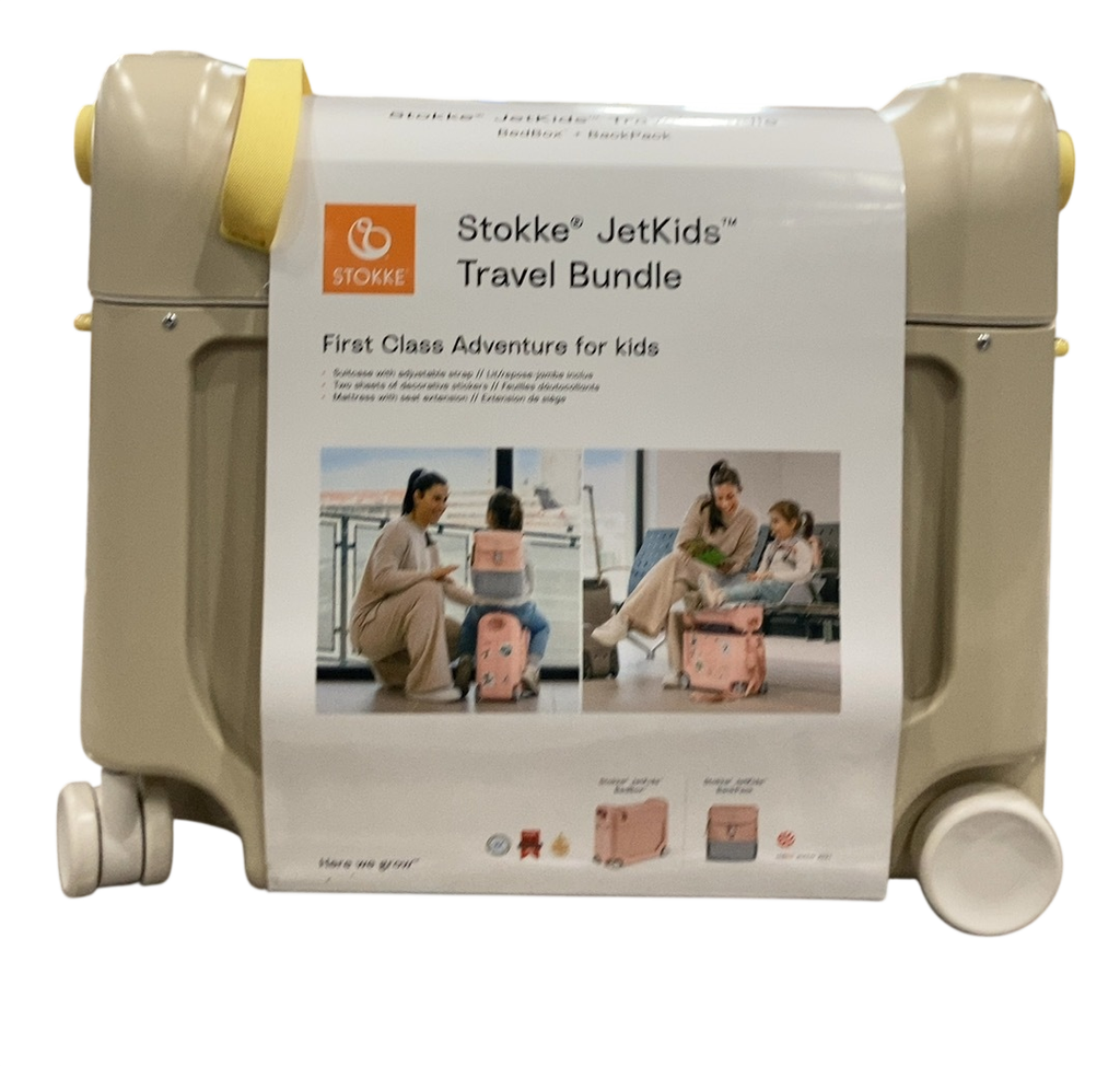 Stokke JetKids BedBox + Crew Backpack Travel Bundle, Moonglow White