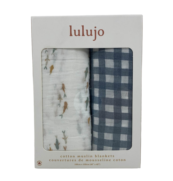 Lulujo Muslin Swaddle Blankets 2 Pack, Fish and Navy Gingham