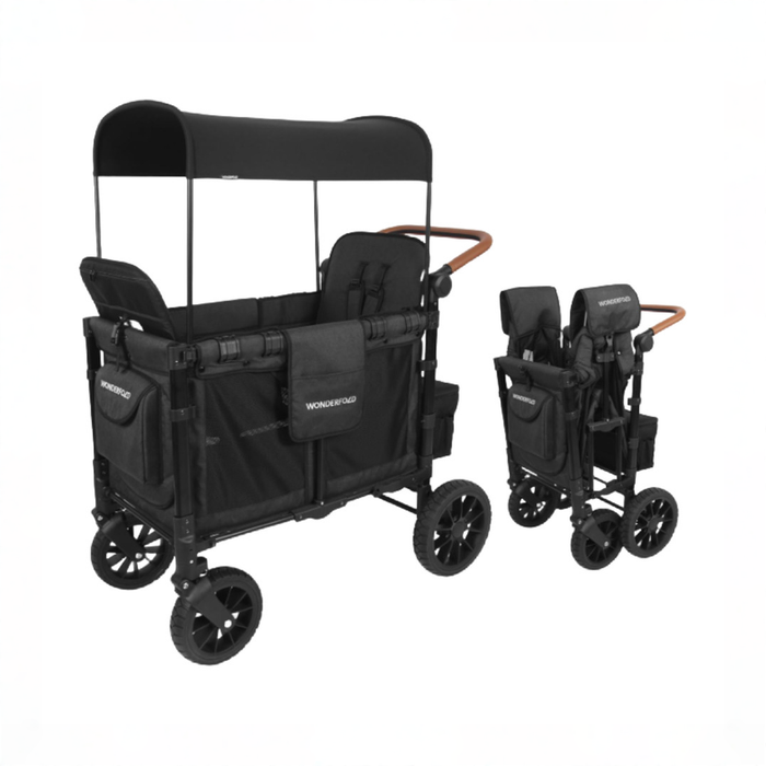 Shop Wonderfold W2 Luxe Multifunctional Double Stroller Wagon, 2025, Black Frame with Brown Handlebar, Volcanic Black Fabric at GoodBuy Gear