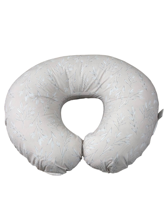 used Boppy Nursing and Infant Support Pillow, White leaves, taupe background