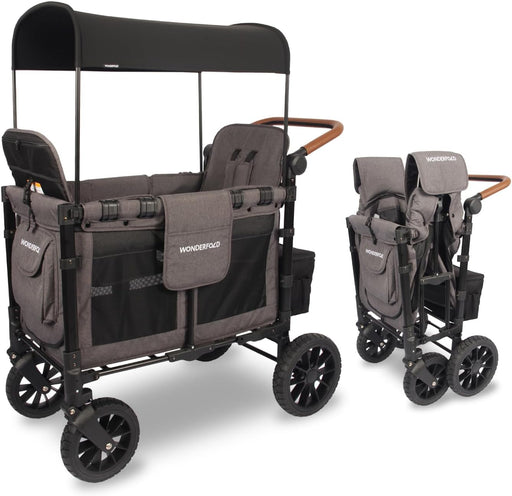 Shop Wonderfold W2 Luxe Multifunctional Double Stroller Wagon, 2024, Black Frame with Brown Handlebar, Charcoal Gray Fabric at GoodBuy Gear