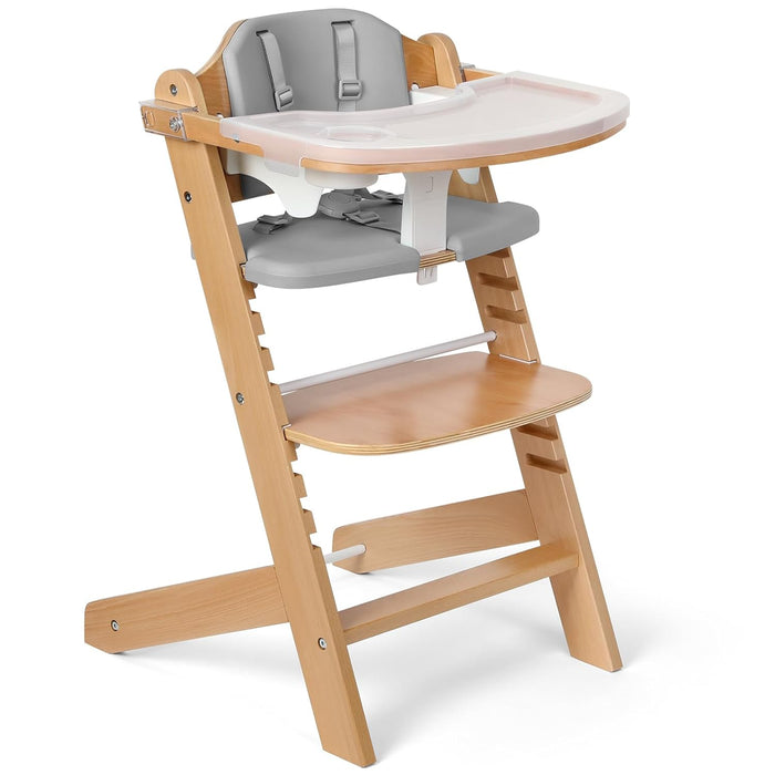 Cowiewie Wooden High Chair, Natural Wood Frame, Grey Cushion