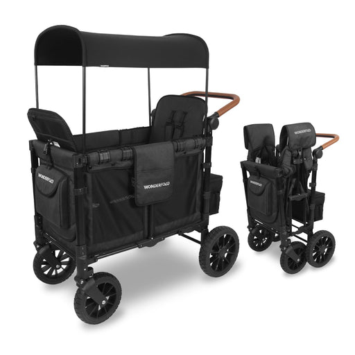 Shop Wonderfold W2 Luxe Multifunctional Double Stroller Wagon, 2025, Black Frame with Brown Handlebar, Volcanic Black Fabric at GoodBuy Gear