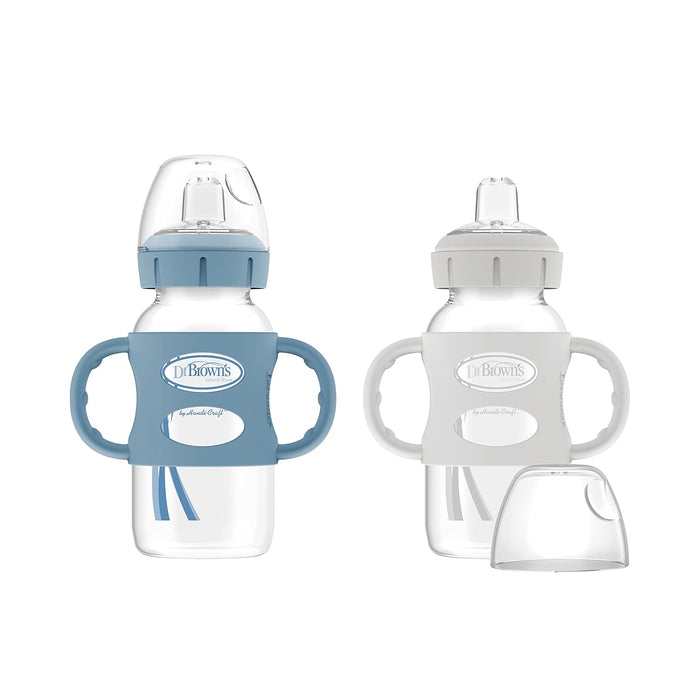 Dr. Brown's Milestones Sippy Spout Bottle with Silicone Handles, 2 Pack, 8 oz/250 ml, Gray/Blue, Wide-Neck