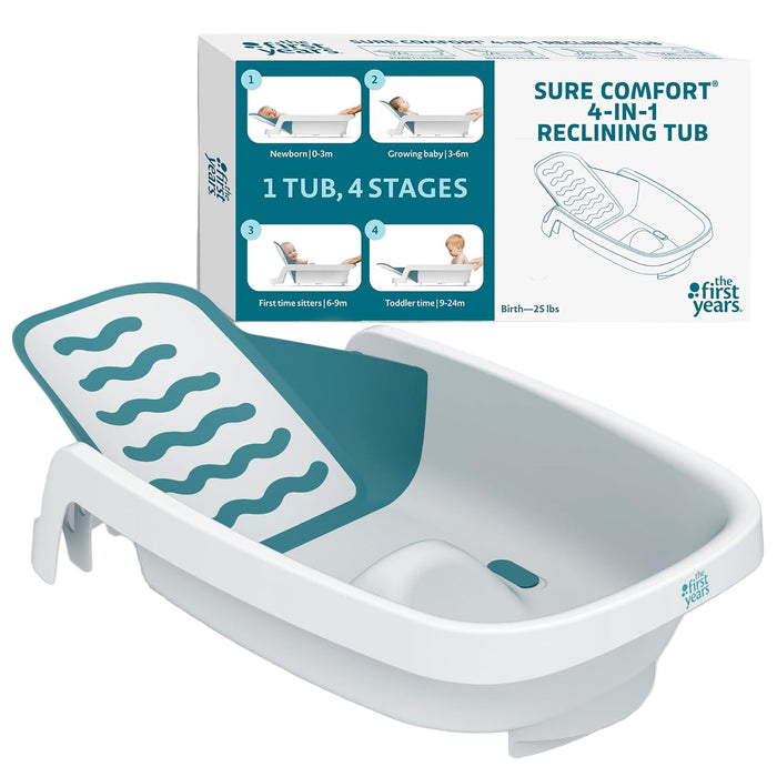 The First Years Sure Comfort 4 in 1 Reclining Bathtub, White/Teal