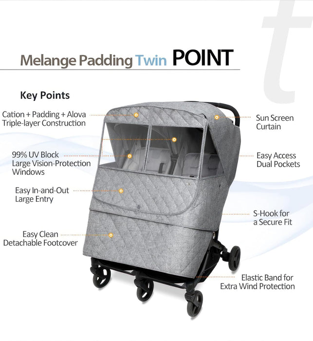 Manito Melange Twin/Double Stroller Weather Shield/Stroller Cover, Padded Black Grey