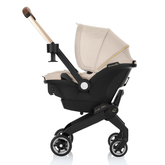 Evenflo Gold Shyft Dual Ride Infant Car Seat Stroller Combo, 2025, Champagne, with Green/Gentle Fabric