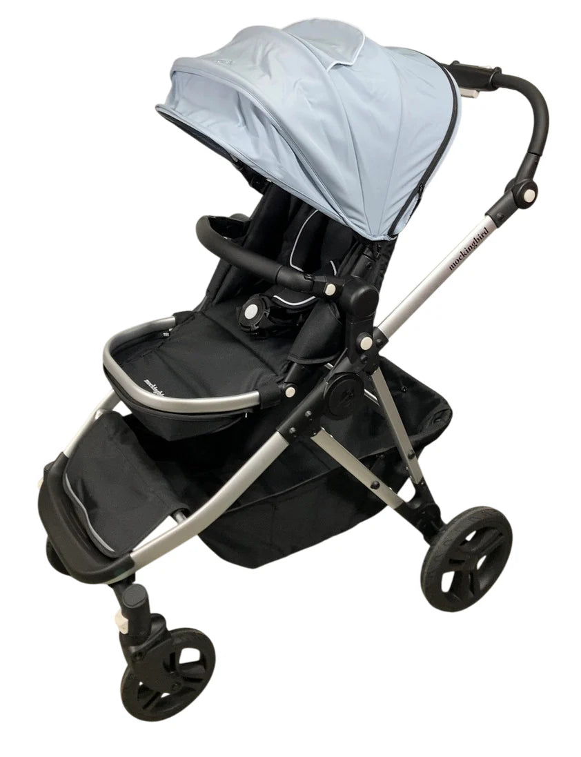 mocking bird single to double stroller Mockingbird Single to Double 2.0 Stroller, 2025, Silver With Black Leather, Sky, Windowpane