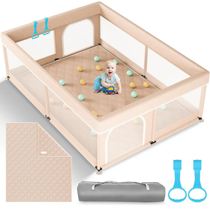 Omzer Baby Playpen with Mat, 71"x59", Beige