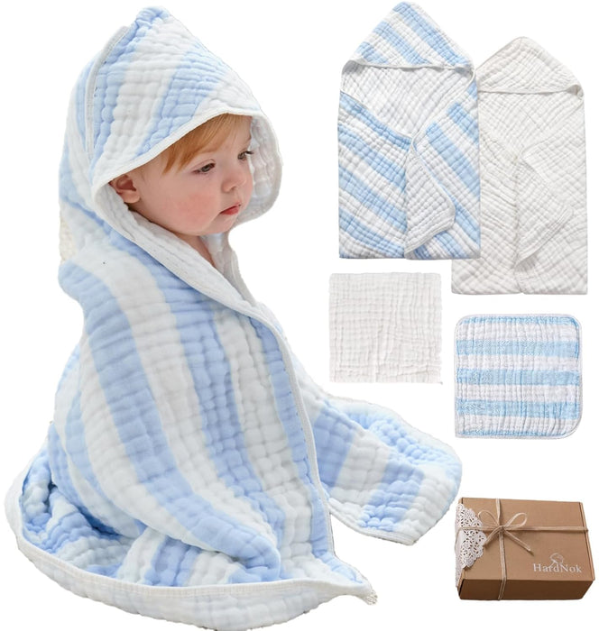 HardNok Organic Muslin Hooded Baby Bath Towel 4 Piece Set, Blue Striped and White