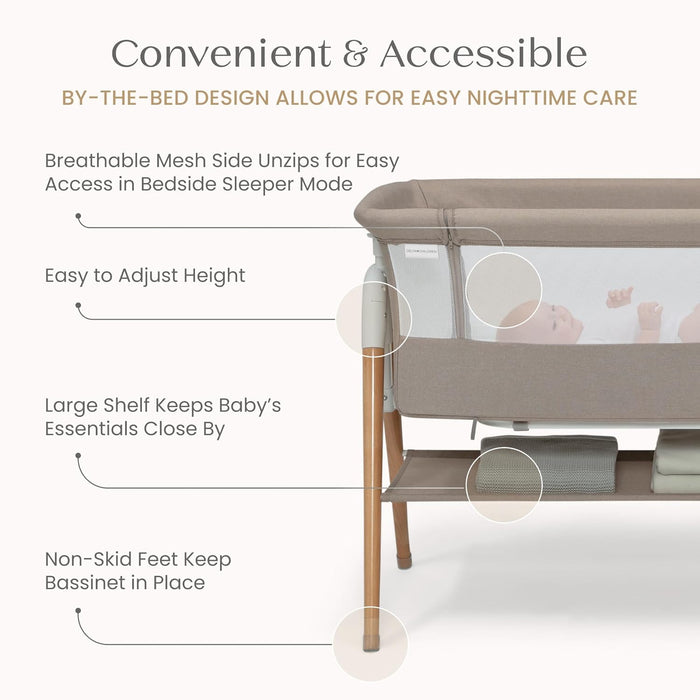 Delta Children Bondi Adjustable Height Bedside Beechwood Bassinet, Tan, Bedside Bassinet