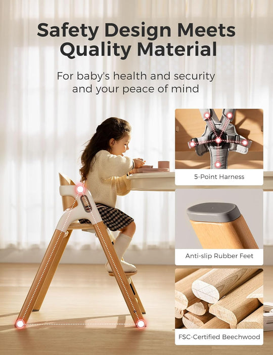 Momcozy DinerPal Wooden High Chair, Natural Wood, without Cushion