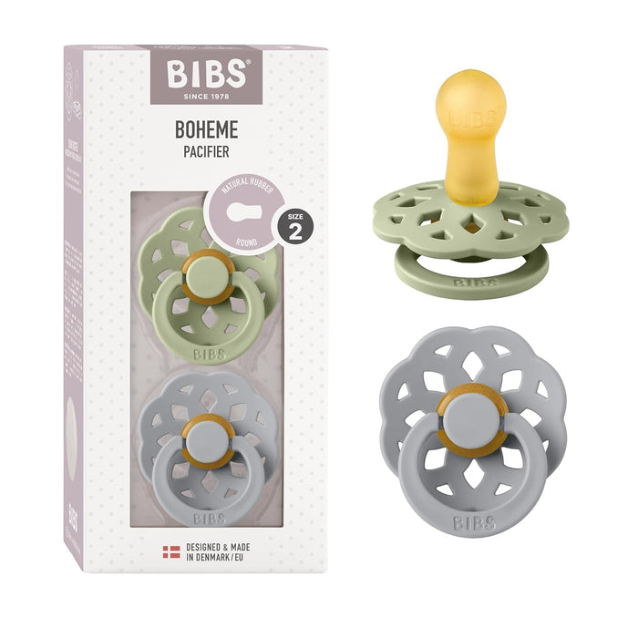 BIBS Boheme Natural Rubber Pacifier 2 Pack, Sage/Cloud, Size 2 (6+ months)