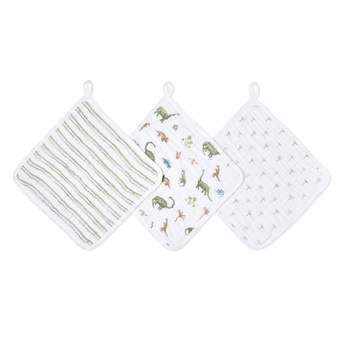 Aden + Anais Cotton Muslin Wash Cloths, Set Of 3, Dino Jungle
