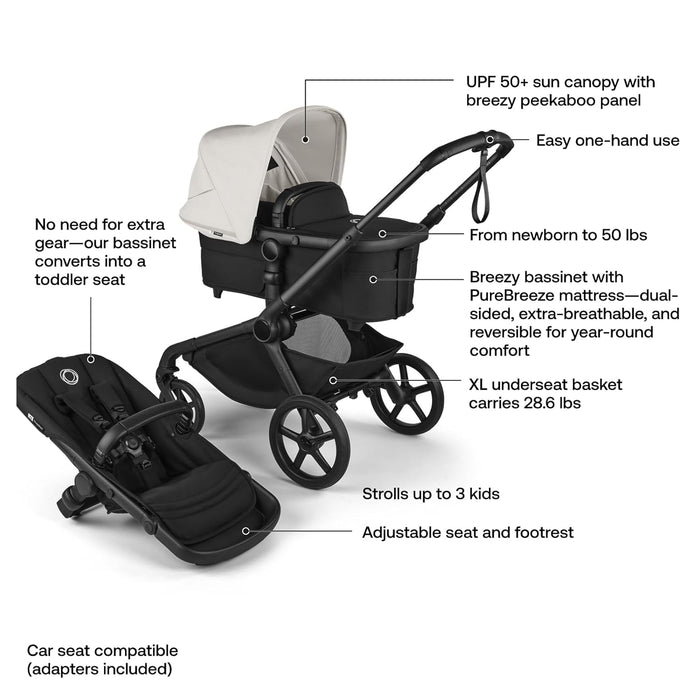 Bugaboo Kangaroo Single To Double Stroller, Black, Midnight Black, Misty White, 2025