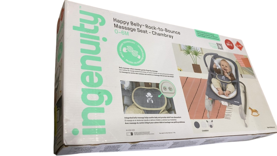 Shop Ingenuity Happy Belly Rock-to-Bounce Massage Seat, Chambray at GoodBuy Gear