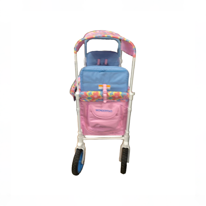 Shop Wonderfold W4 Luxe Quad Stroller Wagon, 2023, Petal Pop Fabric, White Frame with Blue Handlebar at GoodBuy Gear