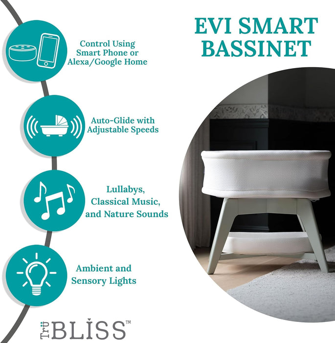 TruBliss Evi Smart Bassinet with Smart Technology, White with Mint Base