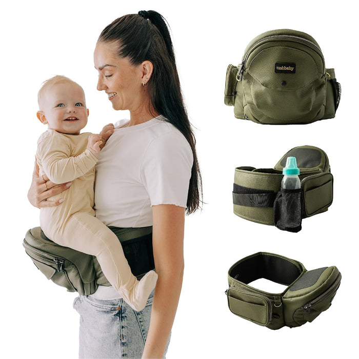 TushBaby Hip Baby Carrier, Vegan Leather Olive