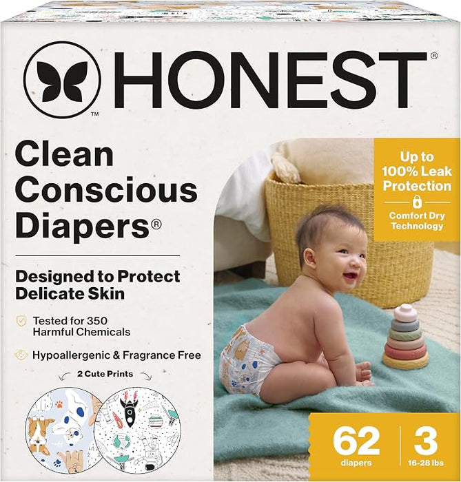 Honest Company Clean Conscious Diapers Pack, Size 3, 62 Count, Space Travel + It's a Pawty