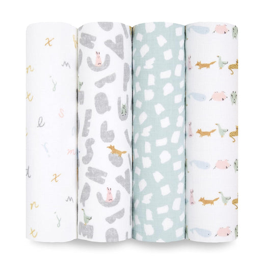 Shop Aden + Anais Cotton Muslin Swaddles Pack of 4, Alphabet Animals at GoodBuy Gear