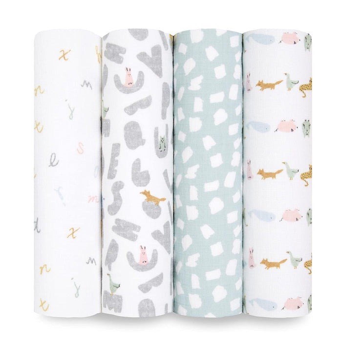 Aden + Anais Cotton Muslin Swaddles Pack of 4, Alphabet Animals