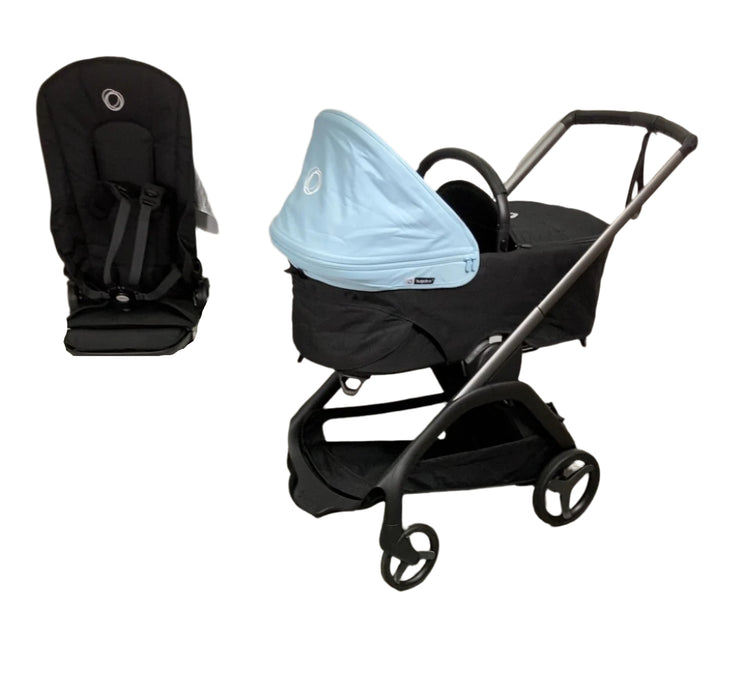 Shop Bugaboo Dragonfly Bassinet and Seat Stroller, Midnight Black, Graphite, Skyline Blue, 2024 HIDDEN SEAT REQ 5.19 at GoodBuy Gear