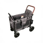 Shop Wonderfold W2 Luxe Multifunctional Double Stroller Wagon, 2024, Black Frame with Brown Handlebar, Charcoal Gray Fabric at GoodBuy Gear