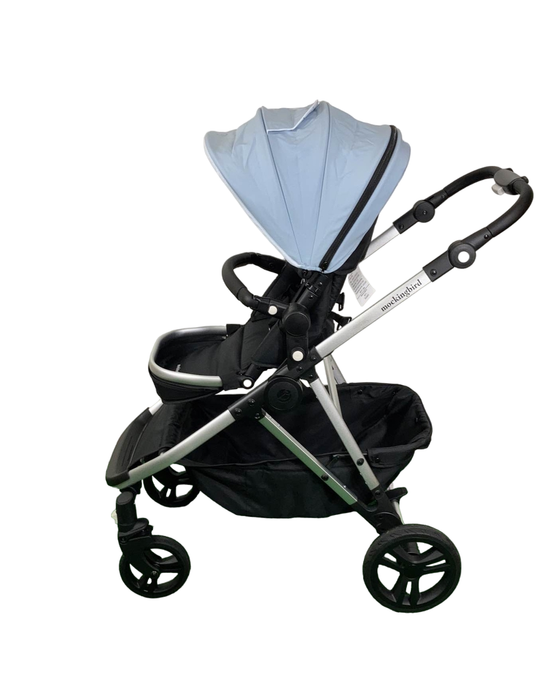 secondhand Mockingbird Single to Double 2.0 Stroller, 2024, Matte Black with Matte Black Leather, Windowpane, Sky