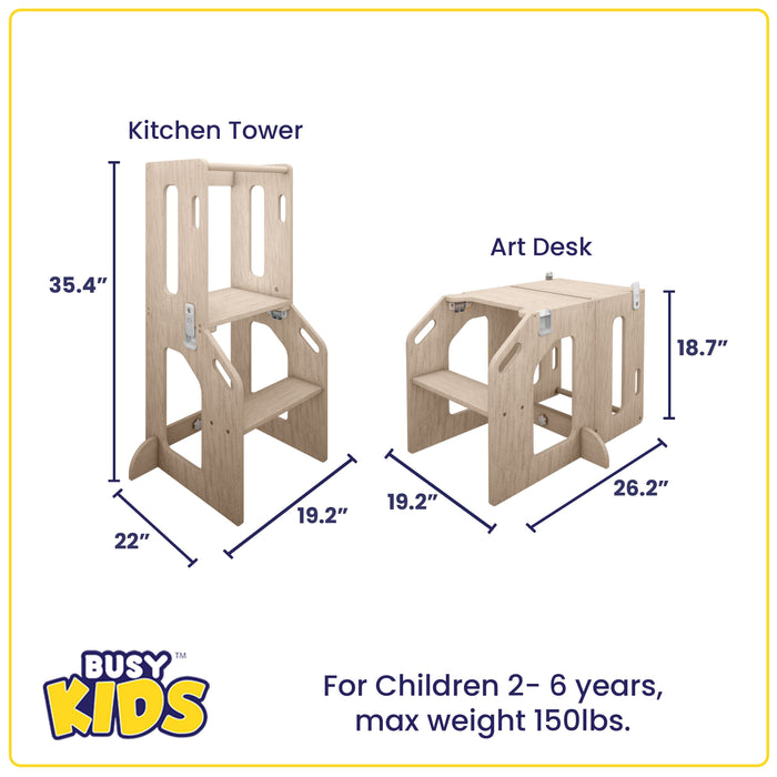 Busy Kids 2-In-1 Kitchen Tower and Kids Art Desk