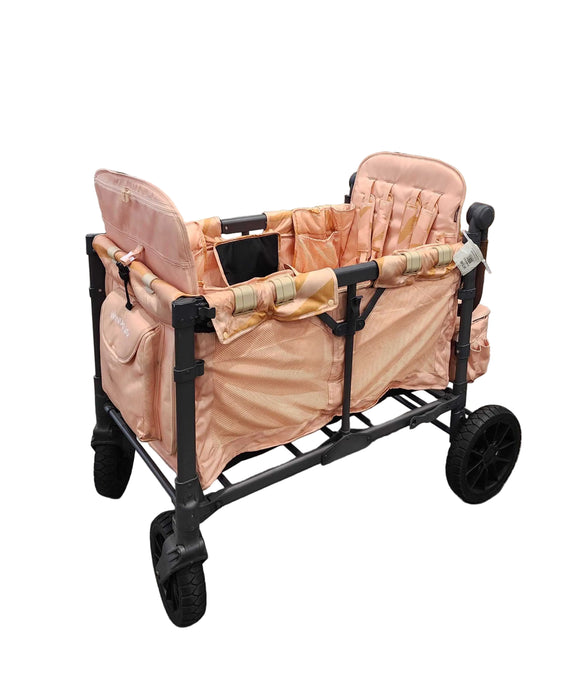 Wonderfold W4 Luxe Quad Stroller Wagon, Year Unknown, Black Frame with Brown Handlebar, Shades of Pink Fabric