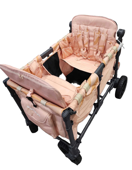 Wonderfold W4 Luxe Quad Stroller Wagon, Year Unknown, Black Frame with Brown Handlebar, Shades of Pink Fabric