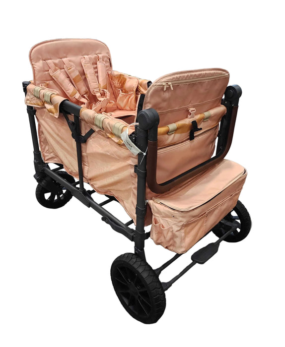 Wonderfold W4 Luxe Quad Stroller Wagon, Year Unknown, Black Frame with Brown Handlebar, Shades of Pink Fabric