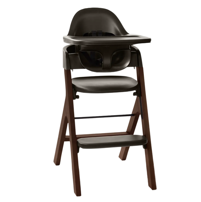 Black and wooden high chair on a white background