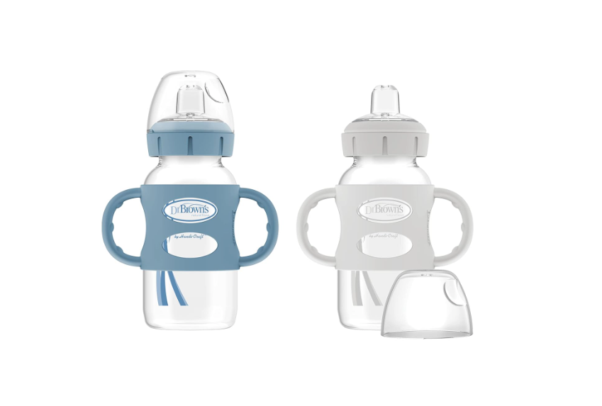 Dr. Brown's Wide-Neck Sippy Spout Bottles With Silicone Handles 2 Pack, Light Blue and Gray